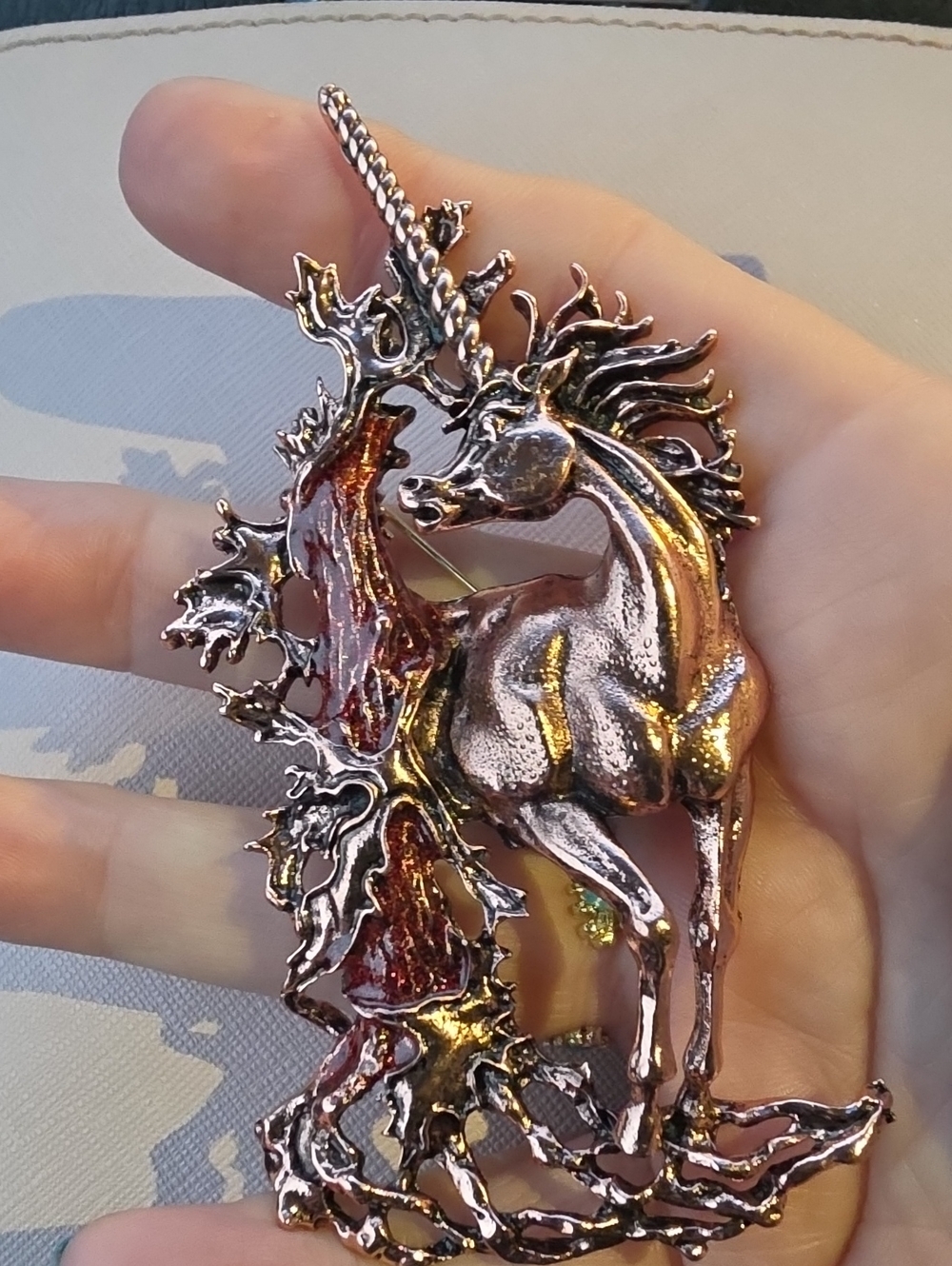 A78- Unicorn Brooch in Rose Gold with Red Accents